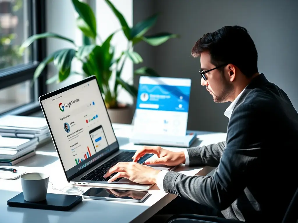 A professional workspace with a computer screen displaying Google My Business profile optimization, surrounded by marketing strategy documents and SEO analysis reports, symbolizing Google profiling services.