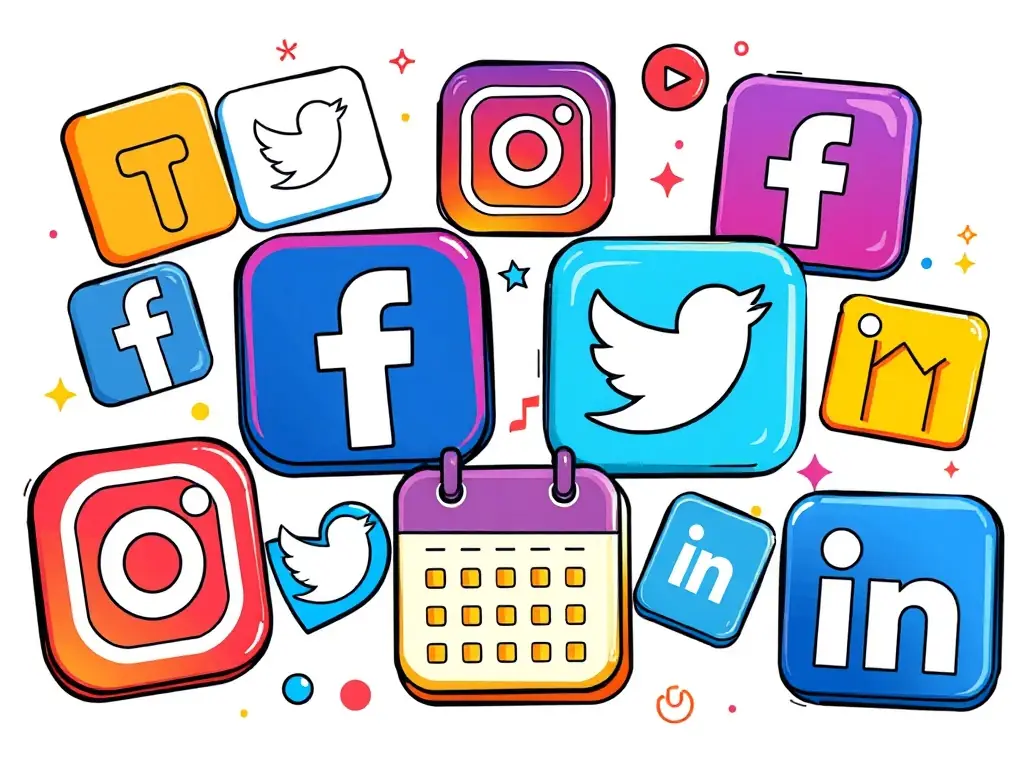 An image of social media icons and a content calendar on a digital device, showcasing the Digital Presence Solutions.