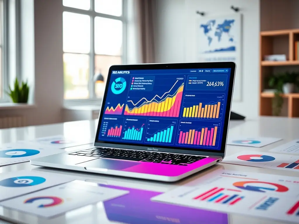 A laptop displaying keyword analysis tools and SEO performance charts, with a focus on data-driven insights and strategic planning for SEO optimization.
